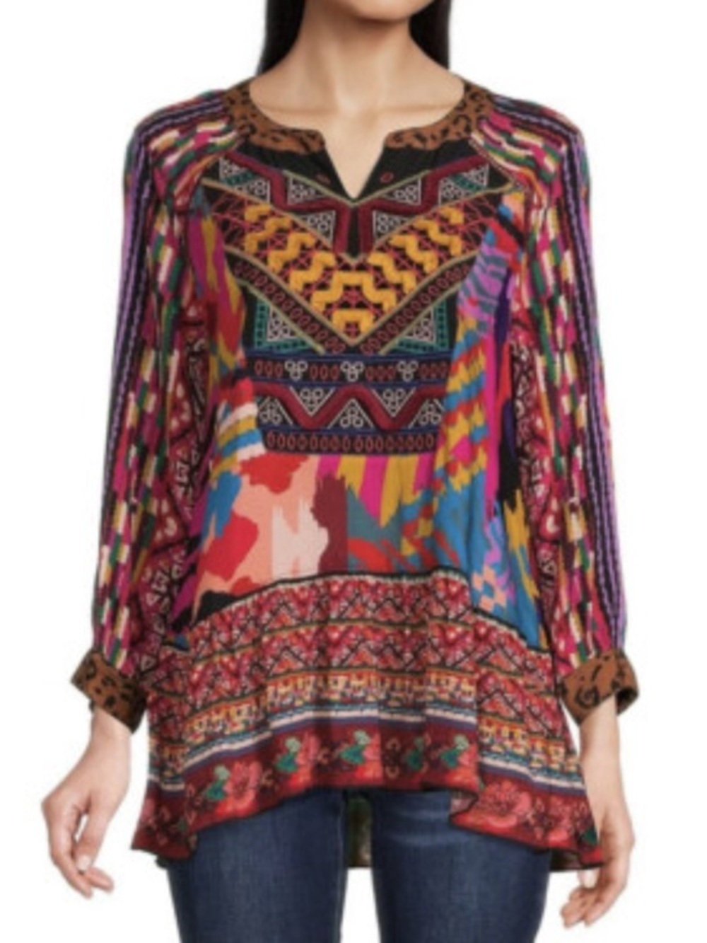 John Mark Multicolor Embroidered V-Neck Tunic with Leopard Trim